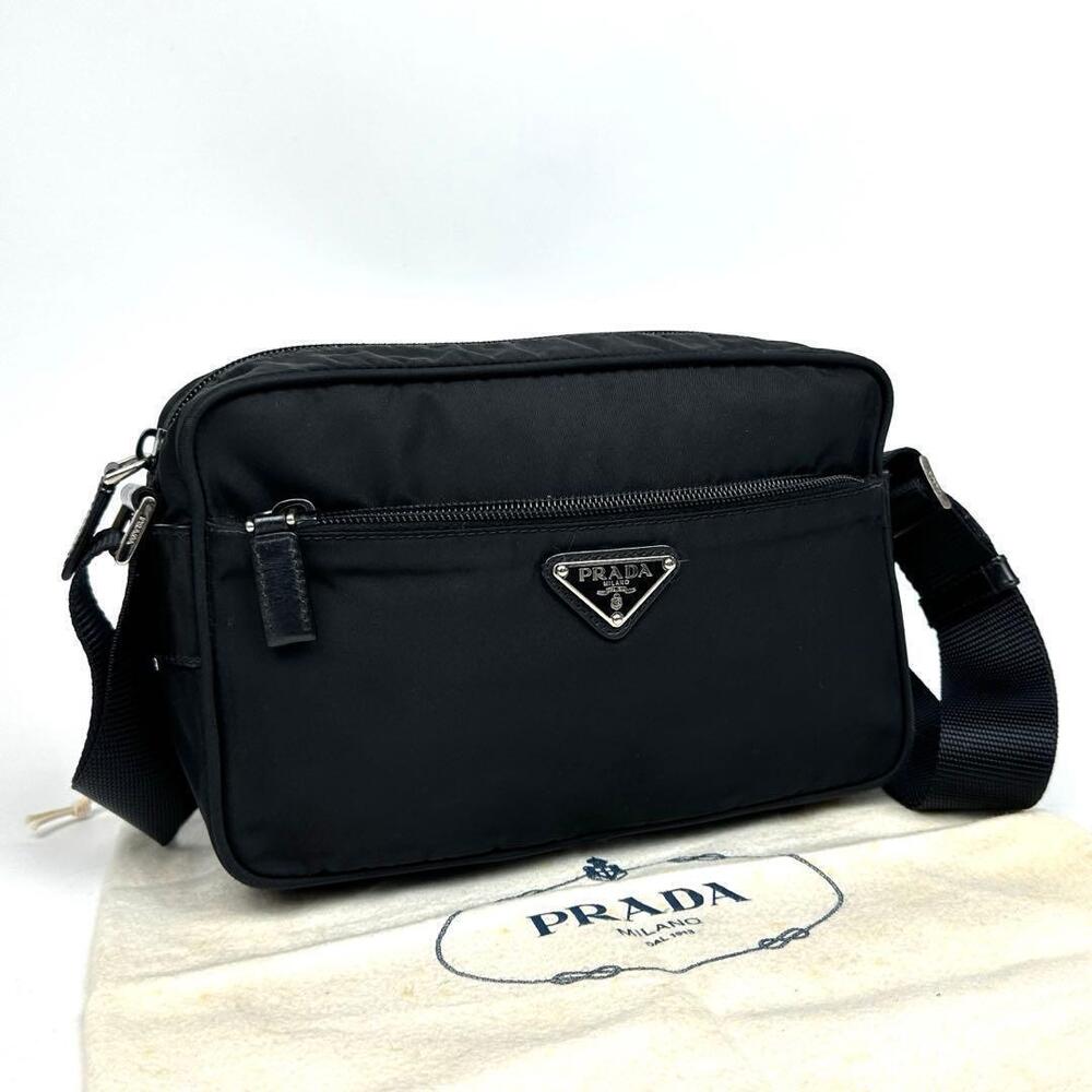 PRADA Triangle Plate Shoulder Bag Camera Patterned Lining Tessuto Leather Black